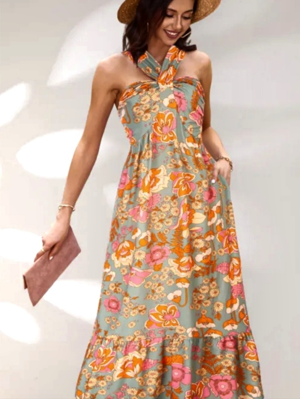 Grace Karin Maxi Long Floral Hatlter NWOT Dress. Spring Womens M L Bohemian Boho